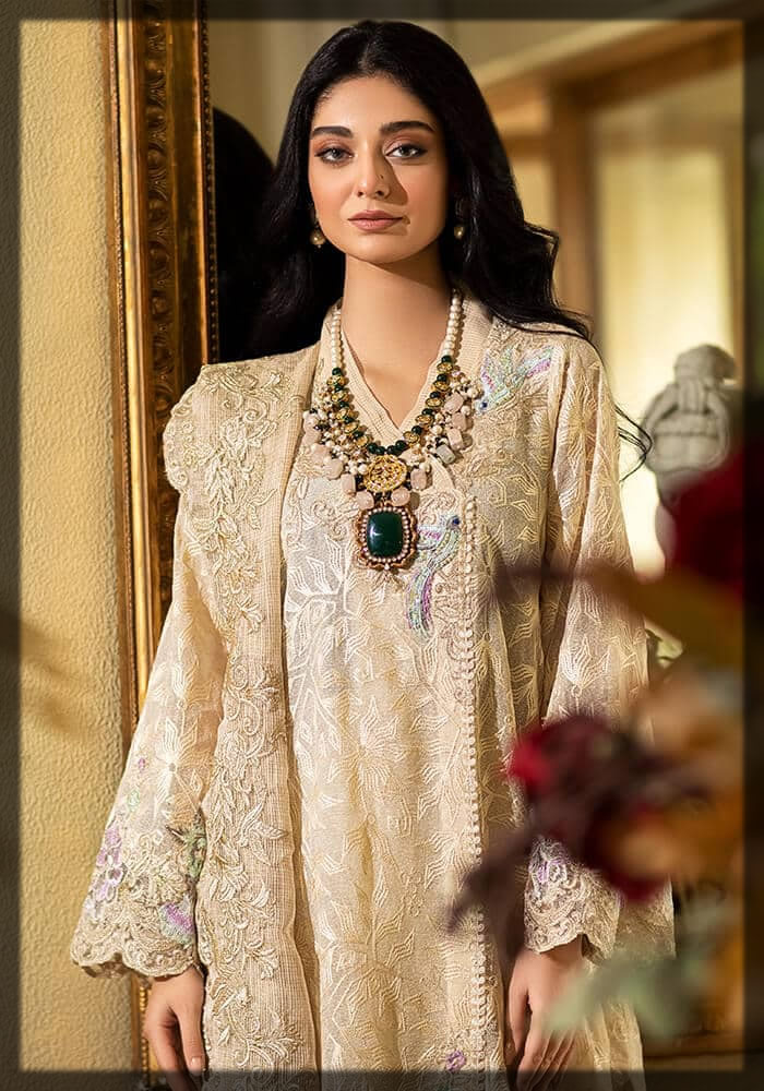 karandi silk beige embroidered suit