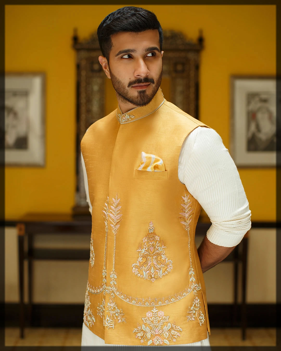 mustard waistcoat with self karandi kurta