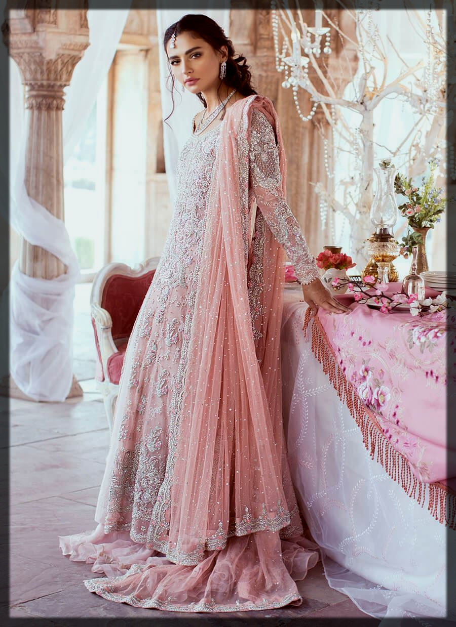Blush Petunia Gown Adorned by 3D Flowers With Silver Border Net Dupatta