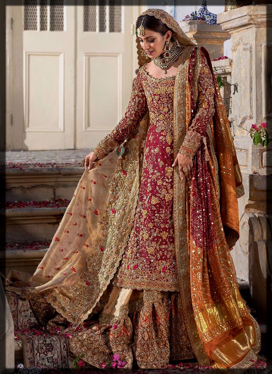 Heavily Embellished Long Shirt in Red Hues with Golden Farshi Gharara