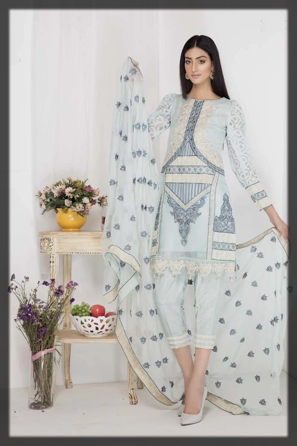 PARADISE BLUE EMBROIDERED ORGANZA STITCHED suit