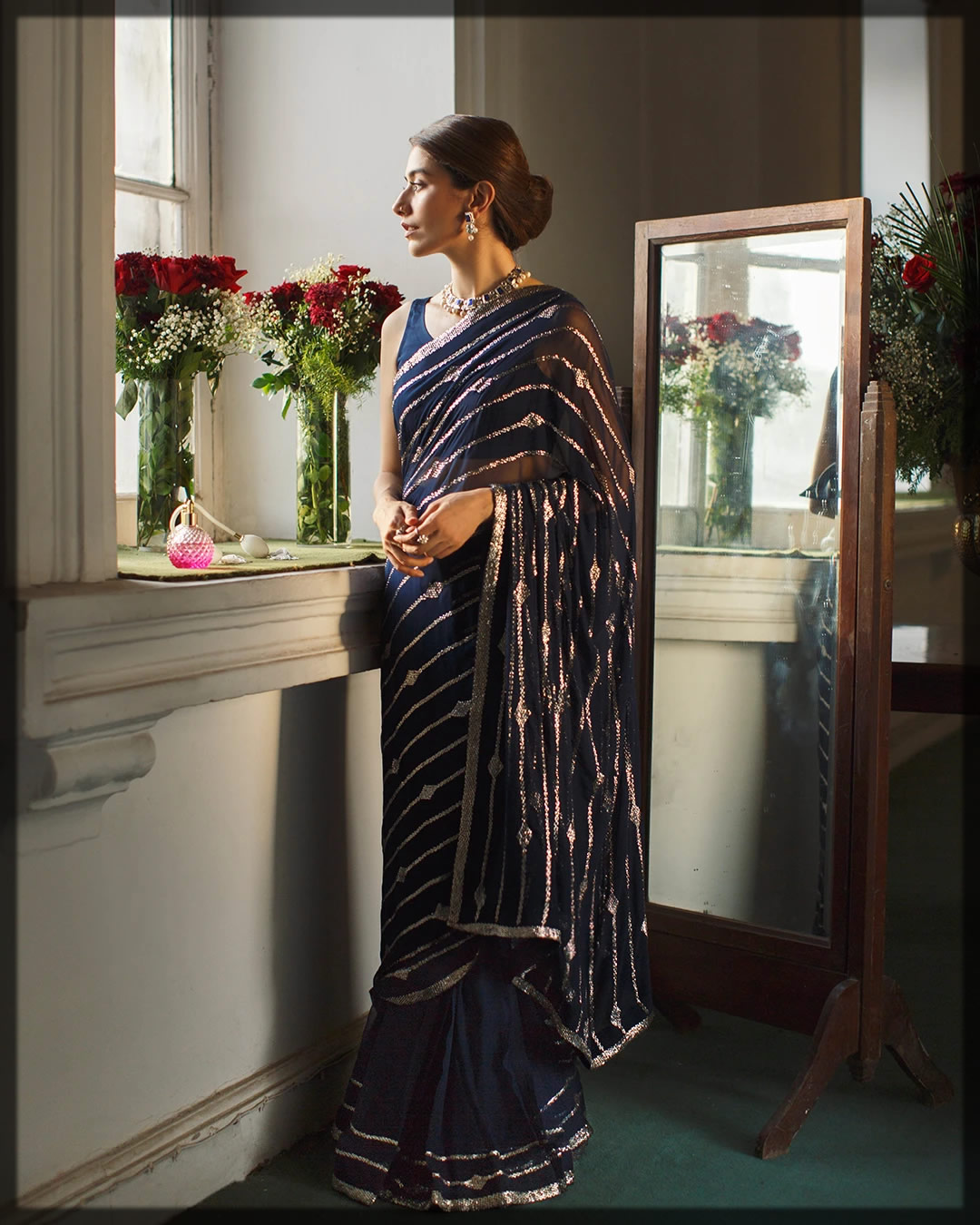navy blue chiffon sari