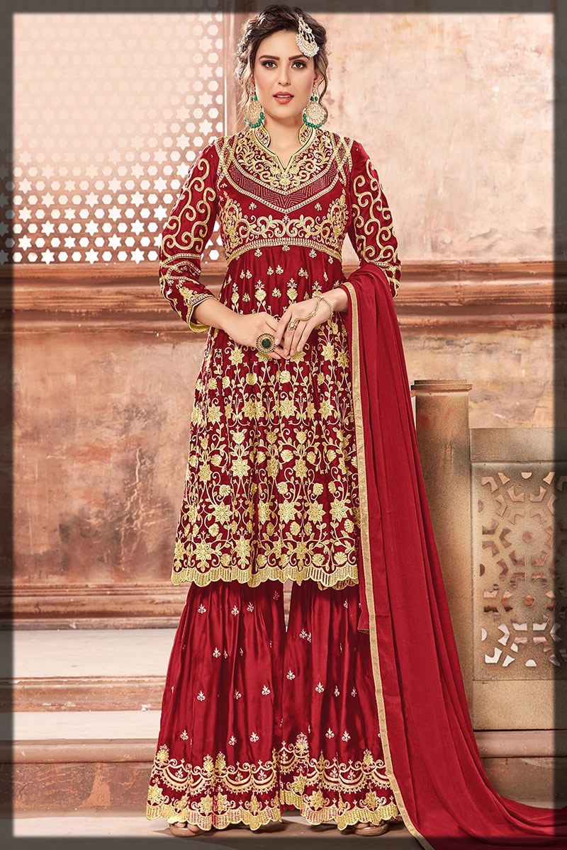 red and golden bridal gharara dress