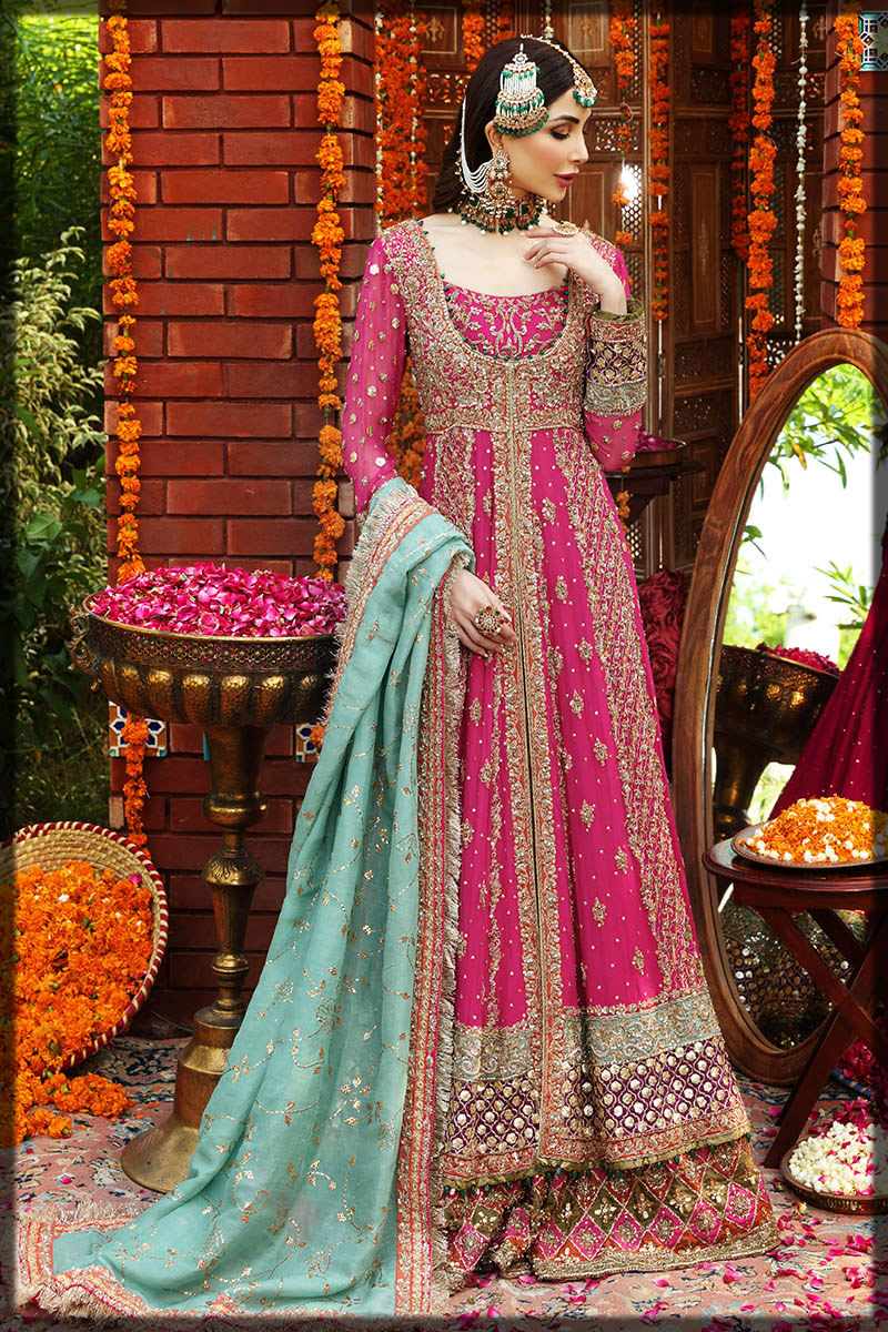 shocking pink front open mehndi dress