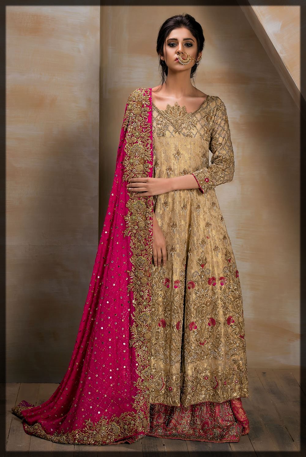 Gold Kalidar Gown with Pink Kamdaani Bridal Dupatta