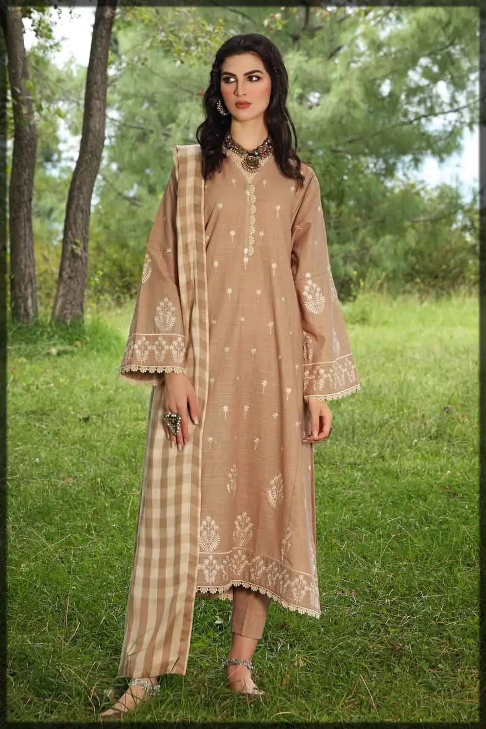 alluring beige winter dress with pashmina shawl