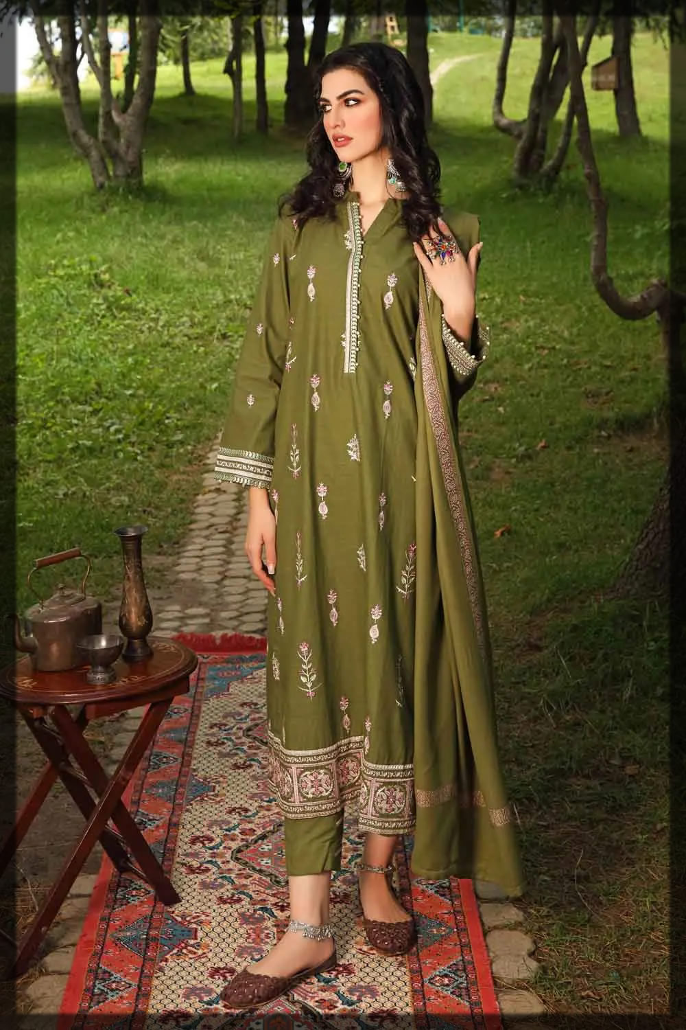 alluring green winter dress with pashmina shawl