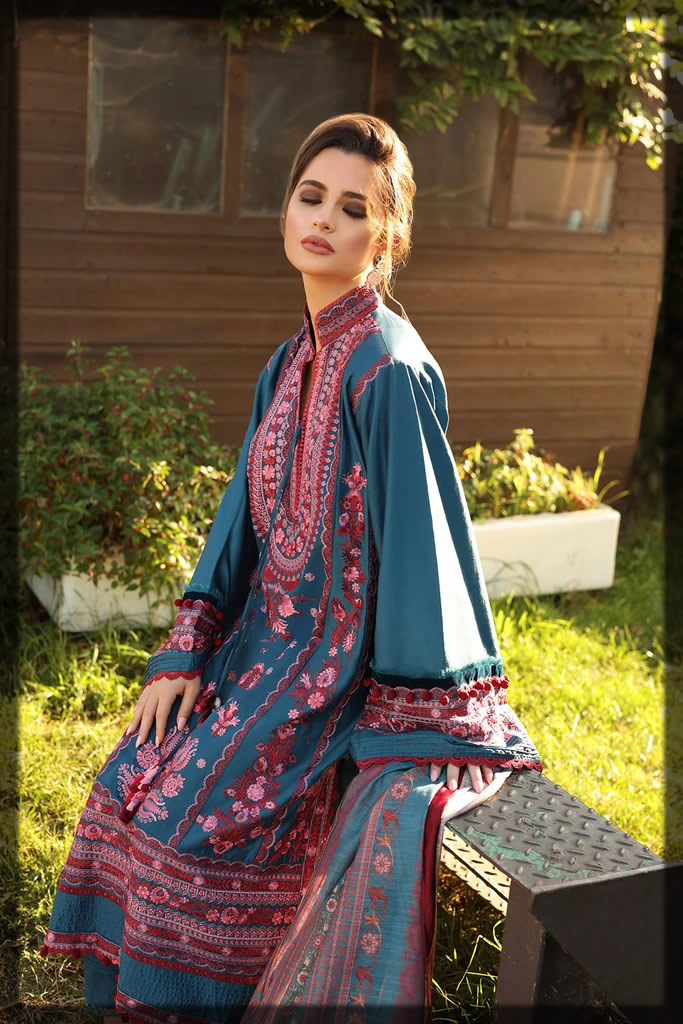 embroidered blue silk karandi dress