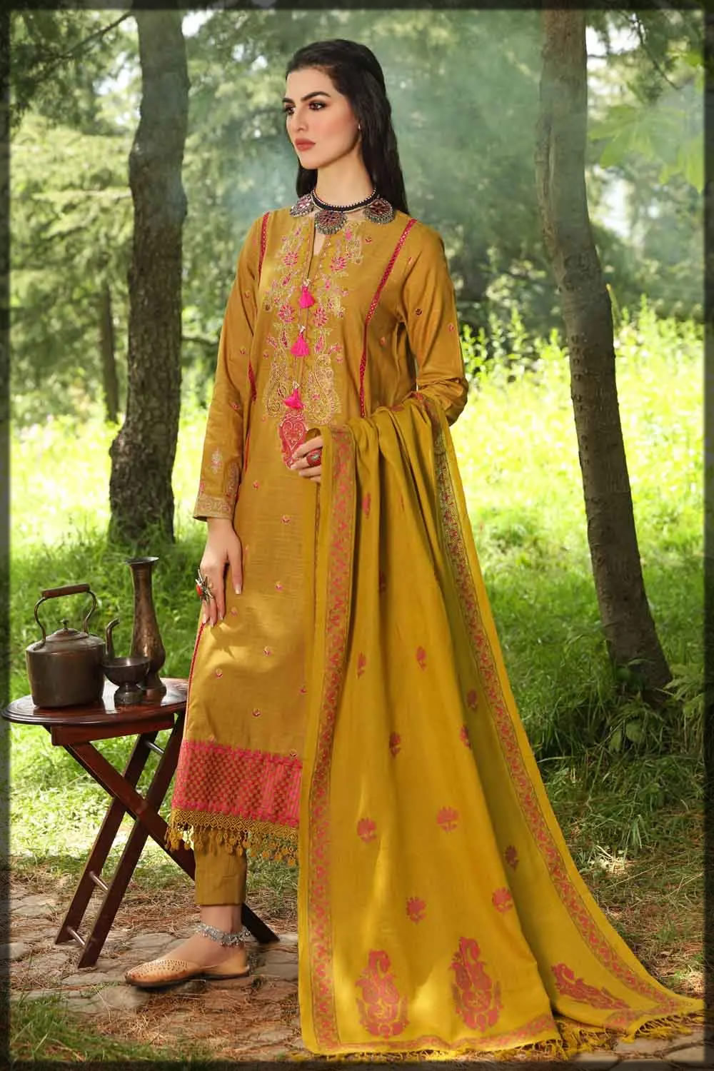 mustard winter dress with pashmina shawl