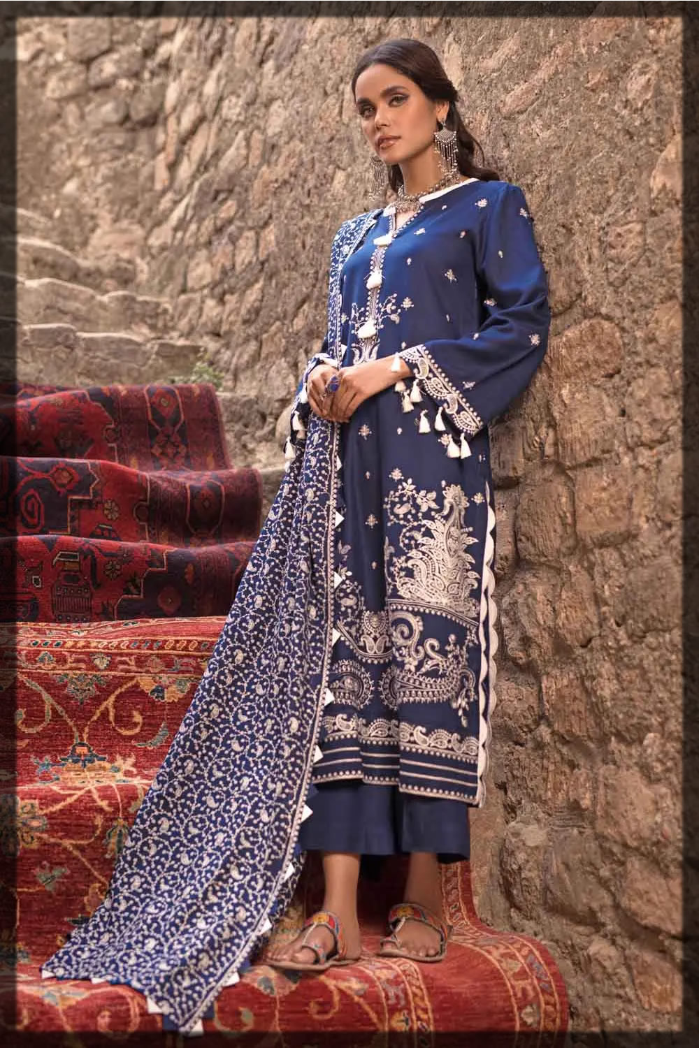 navy blue winter dress with pashmina shawl