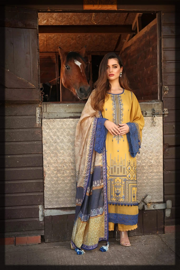 yellow and blue silk karandi suit