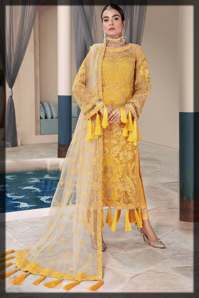 Sweet Corn Hue Embroidered Silk Net Suit