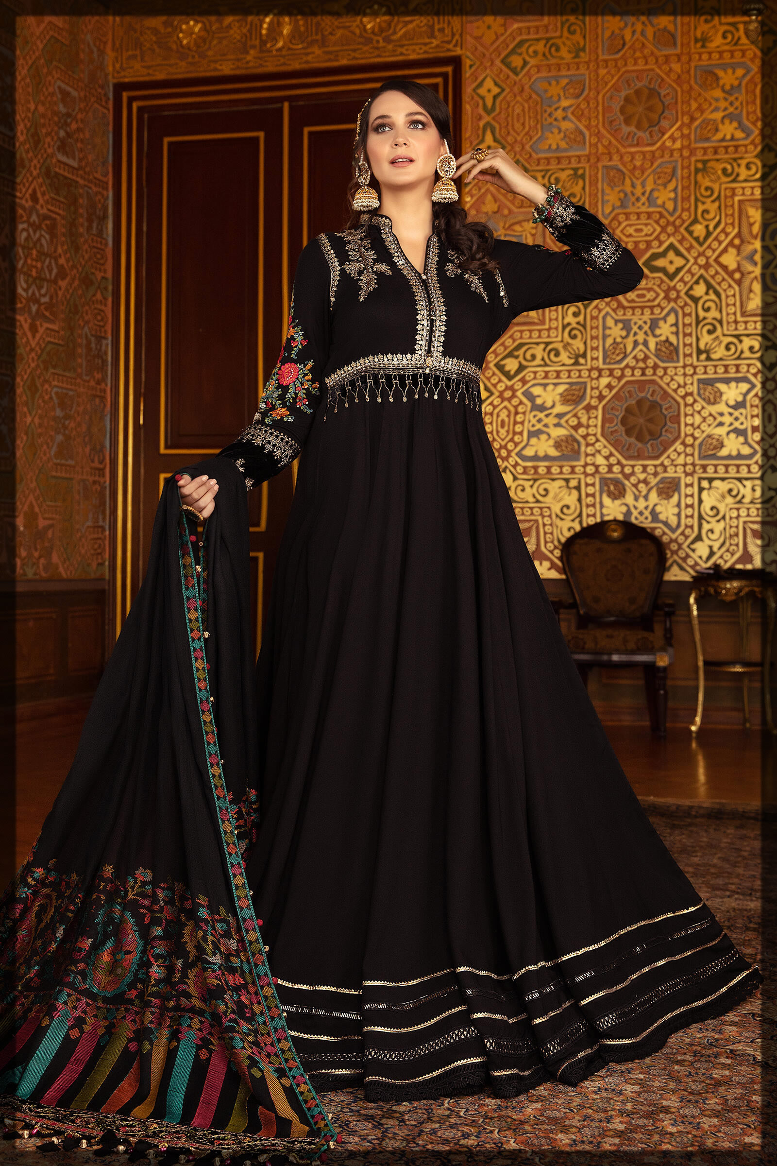 black embroidered linen dress