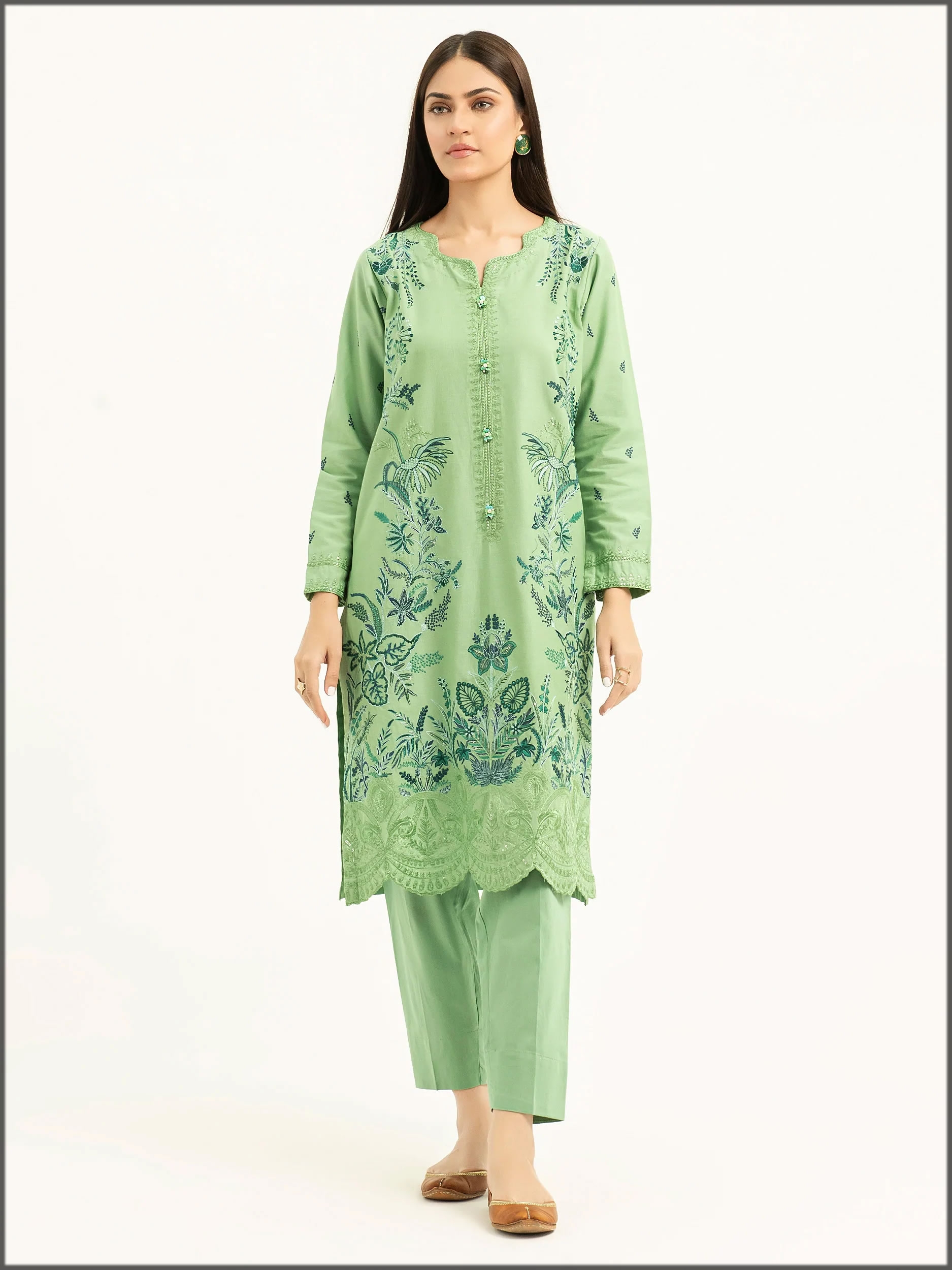 green shaded winter khaddar dress