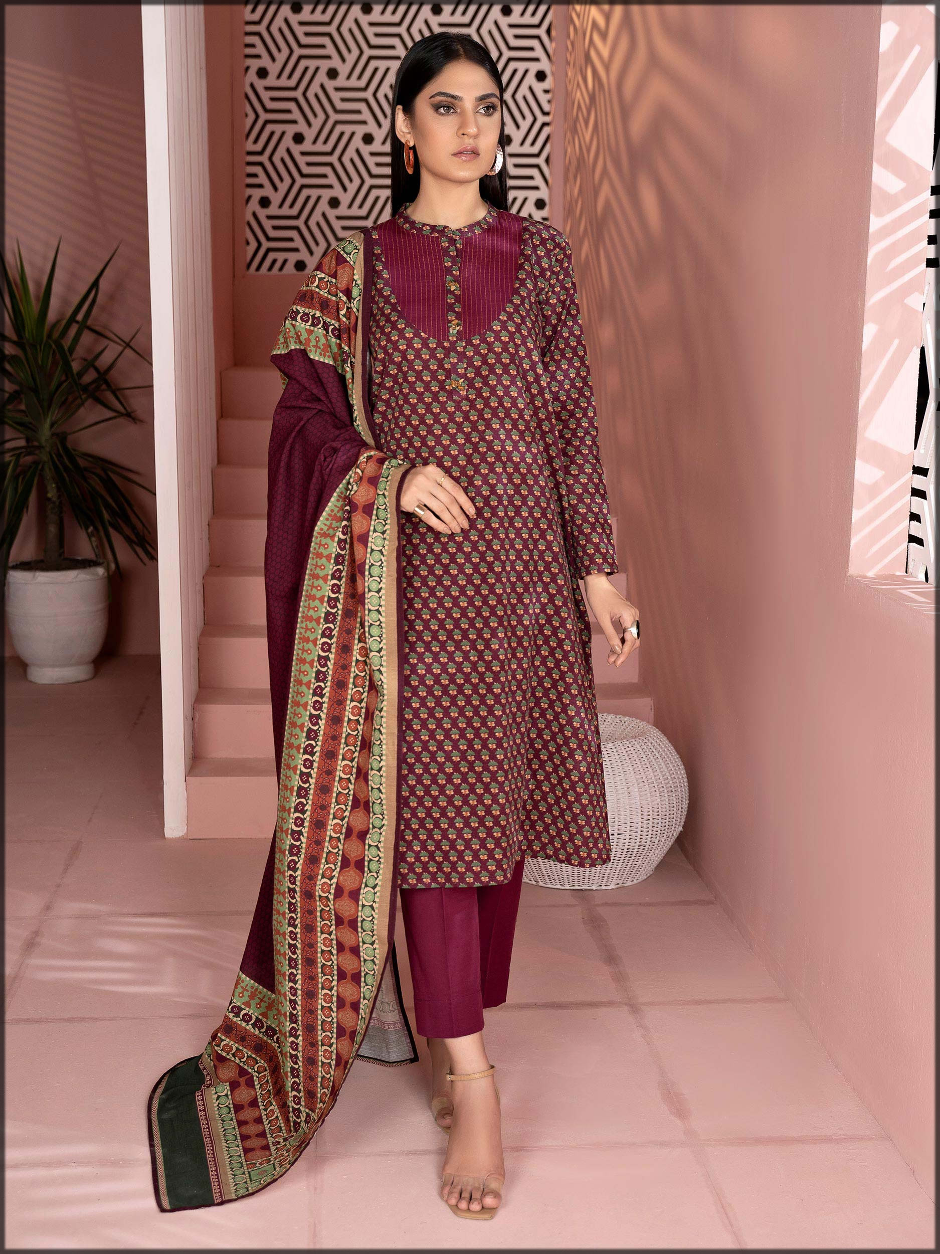 maroon Printed Khaddar Suit for women
