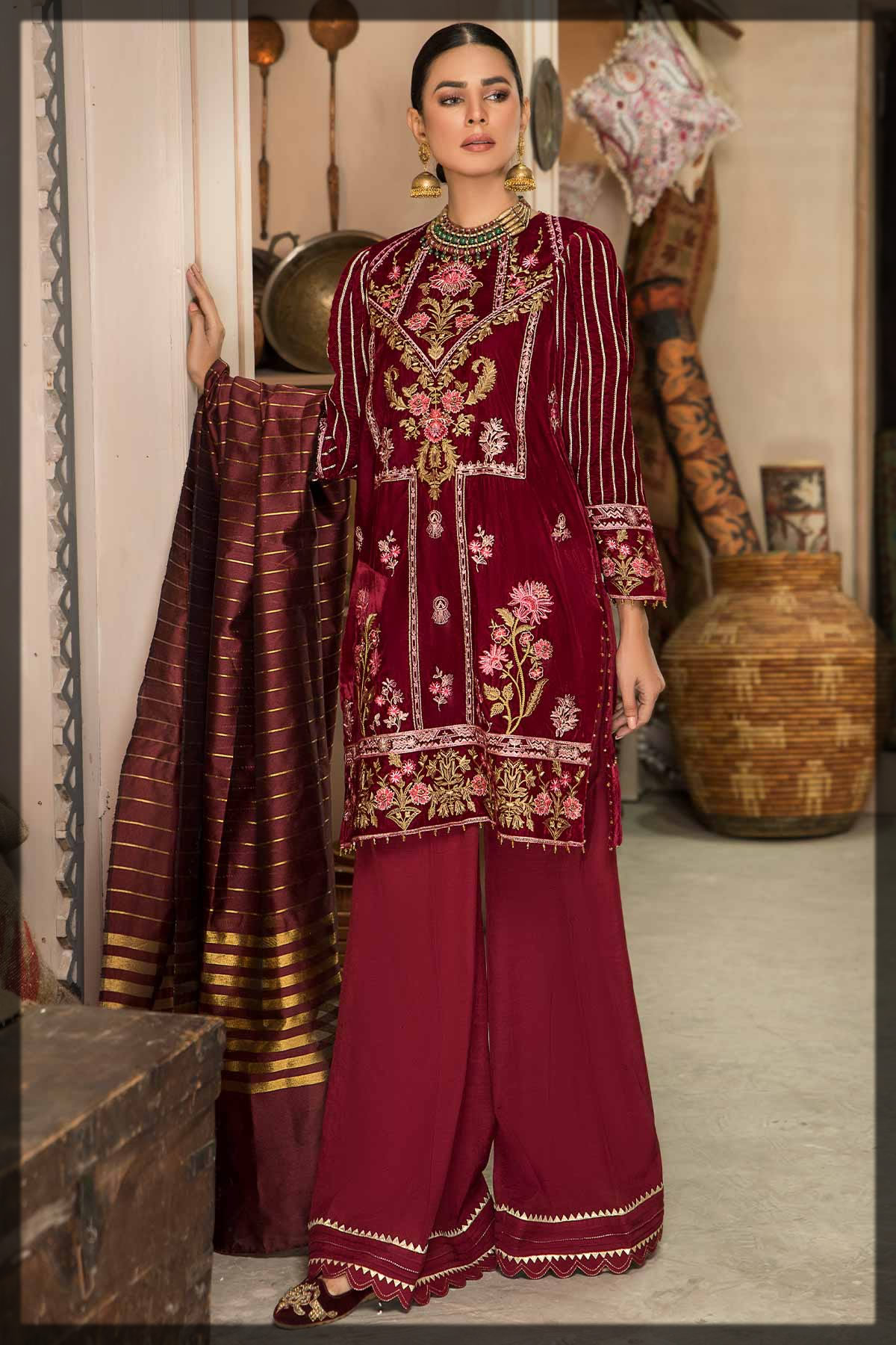 maroon velvet embroidered dress