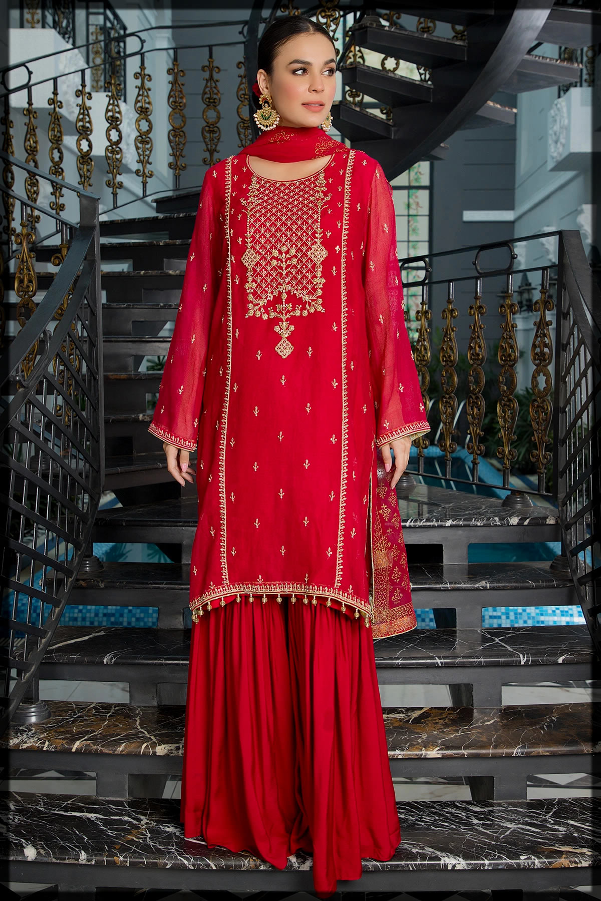 red shaded winter pret suit