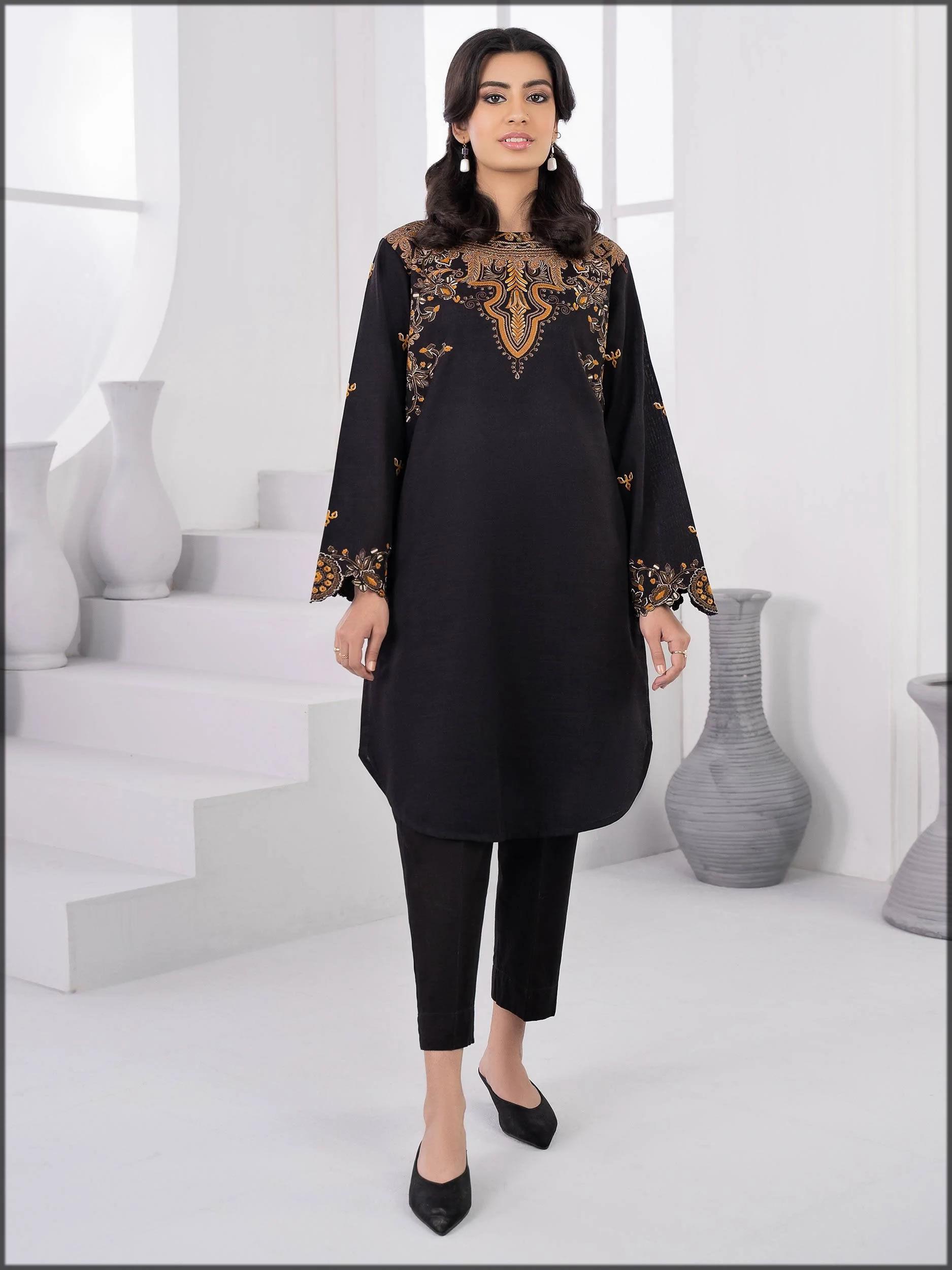 sleek black winter khaddar dress