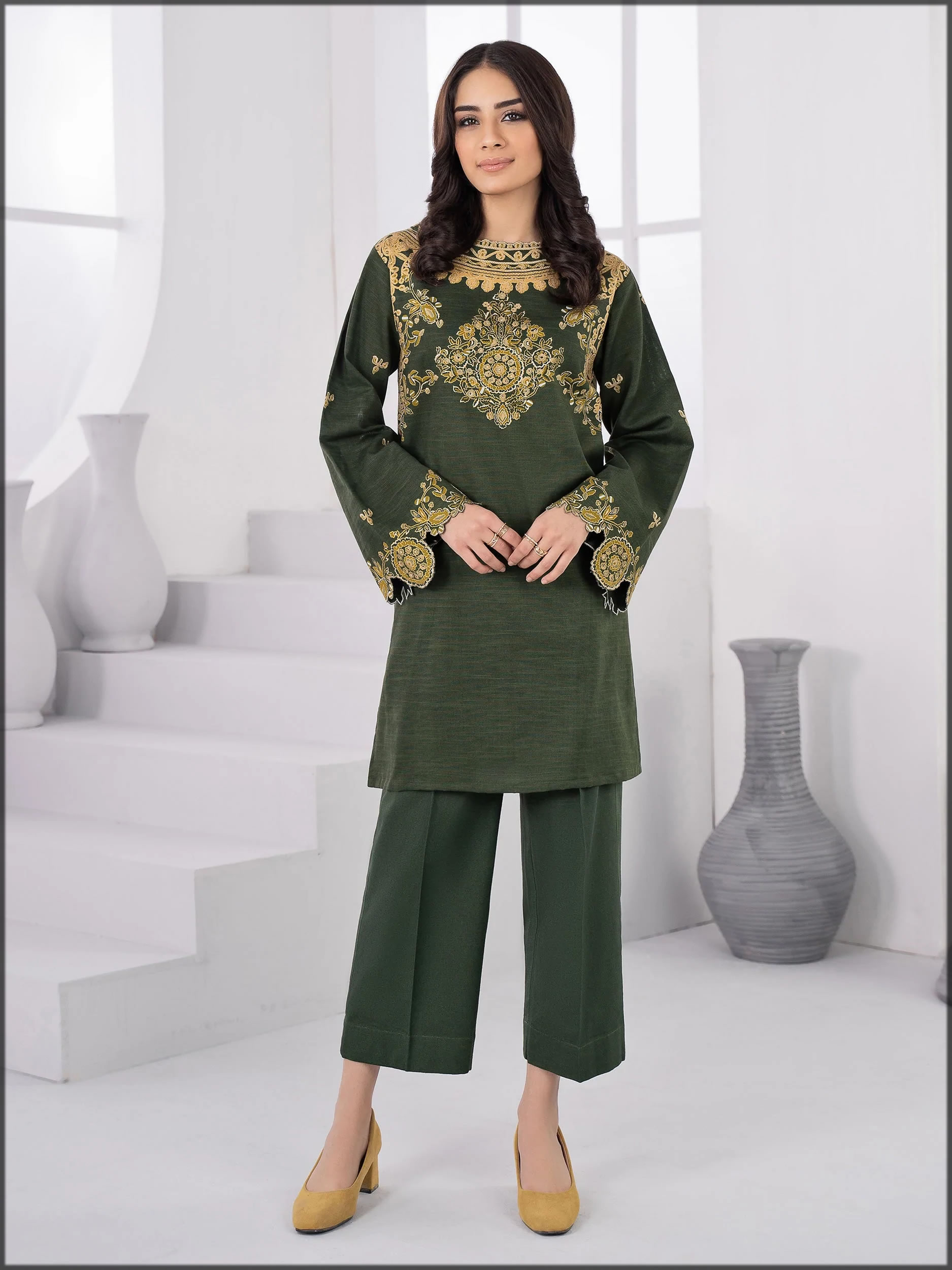 sleek green winter khaddar dress