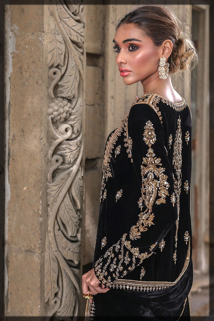 Black onyx embroidered velvet dress