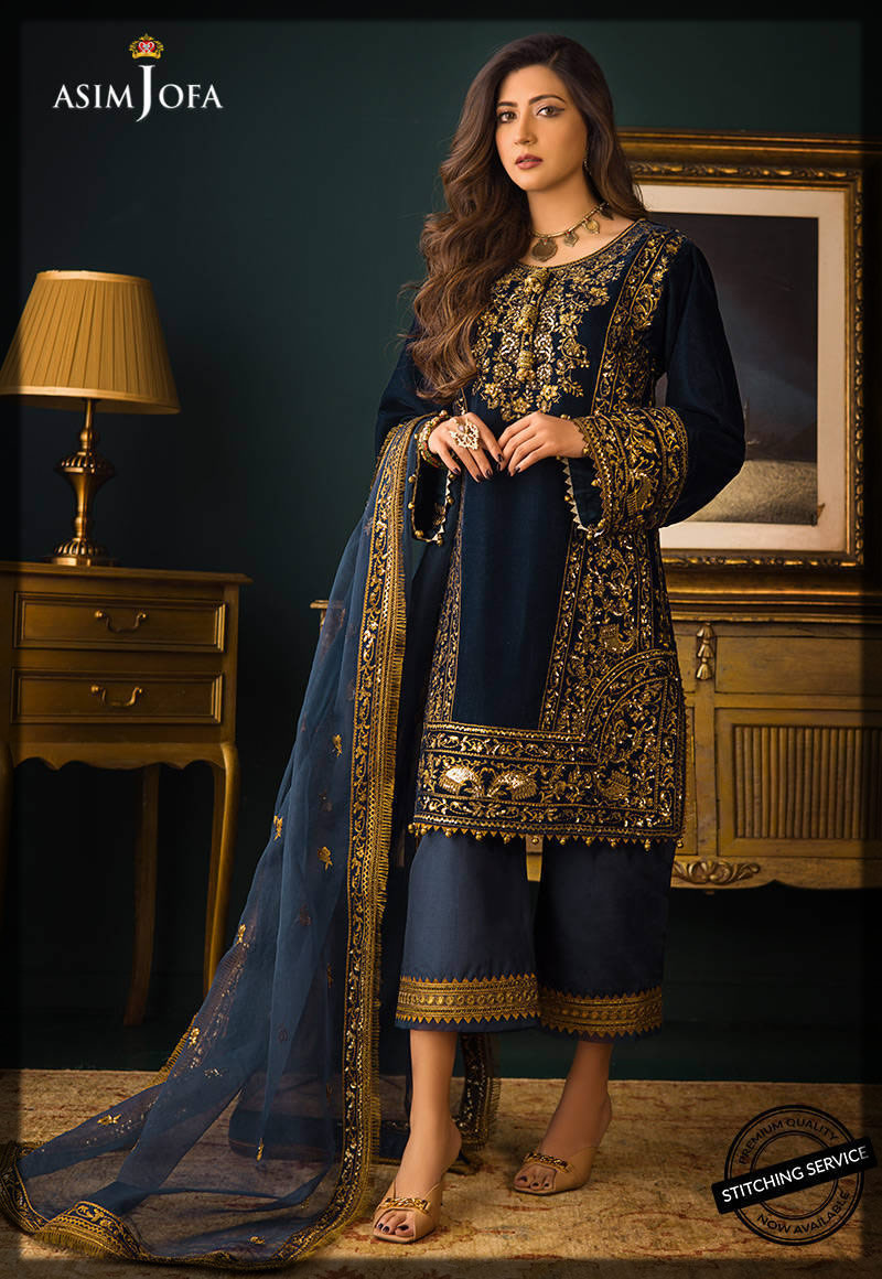 Asim Jofa winter collection alluring peacock blue embroidered velvet dress