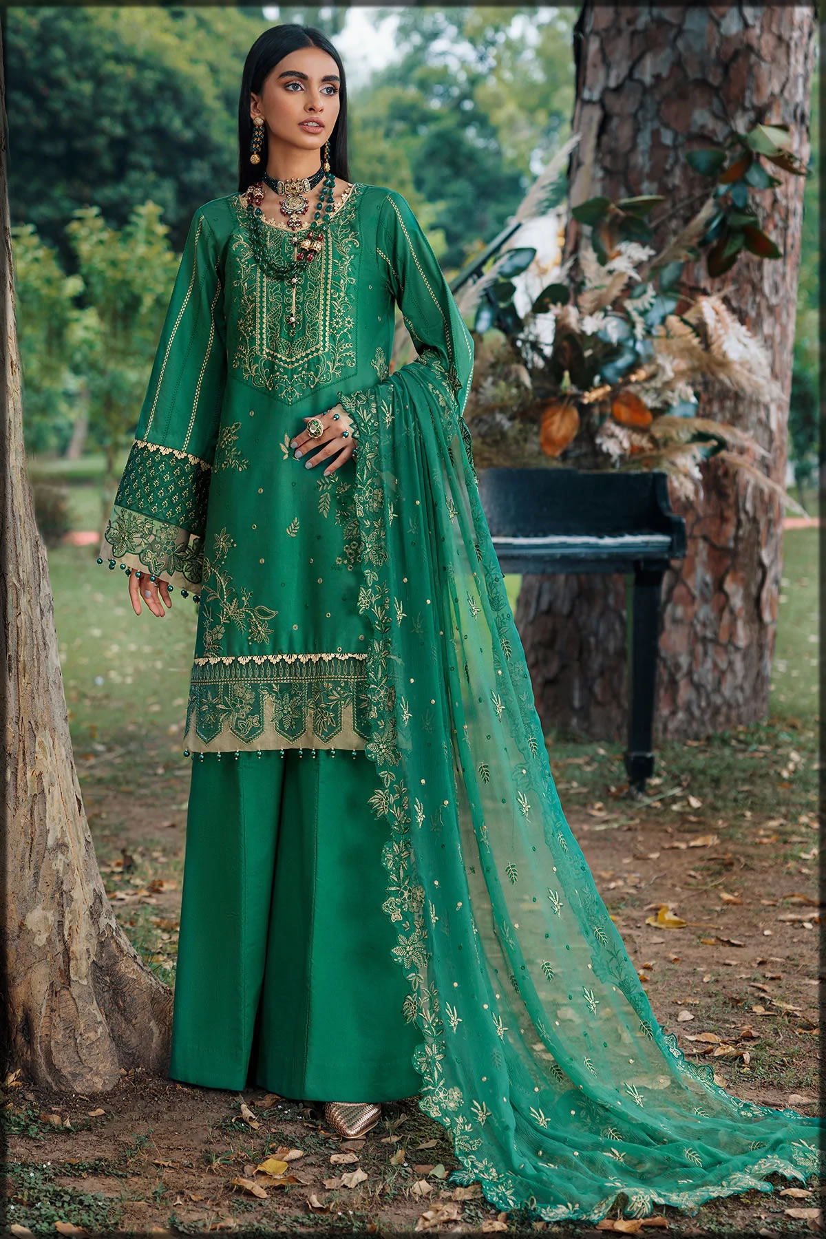 green shaded cotton satin winter suit