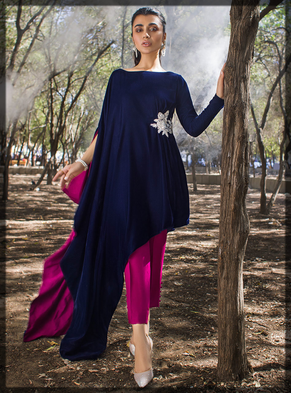 blue and pink embroidered velvet dress