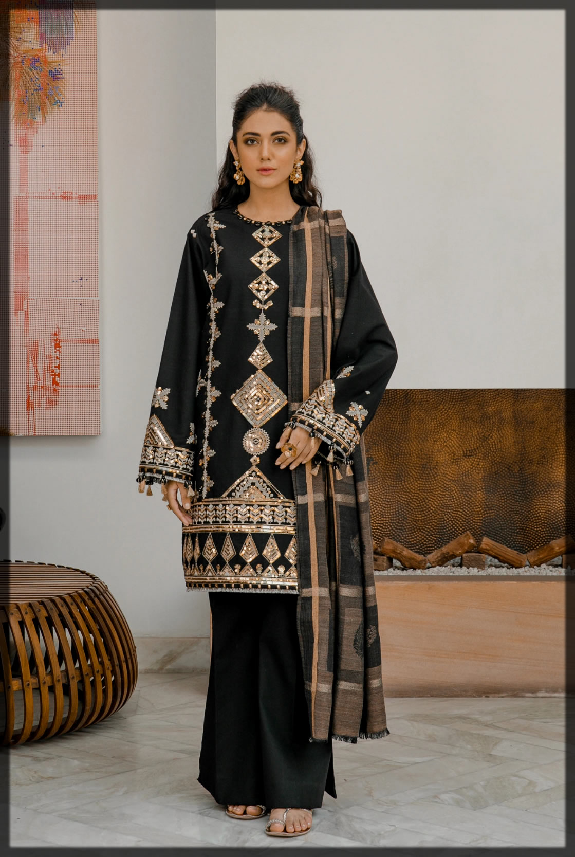 ethnic by outfitters sleek black khaddar suit