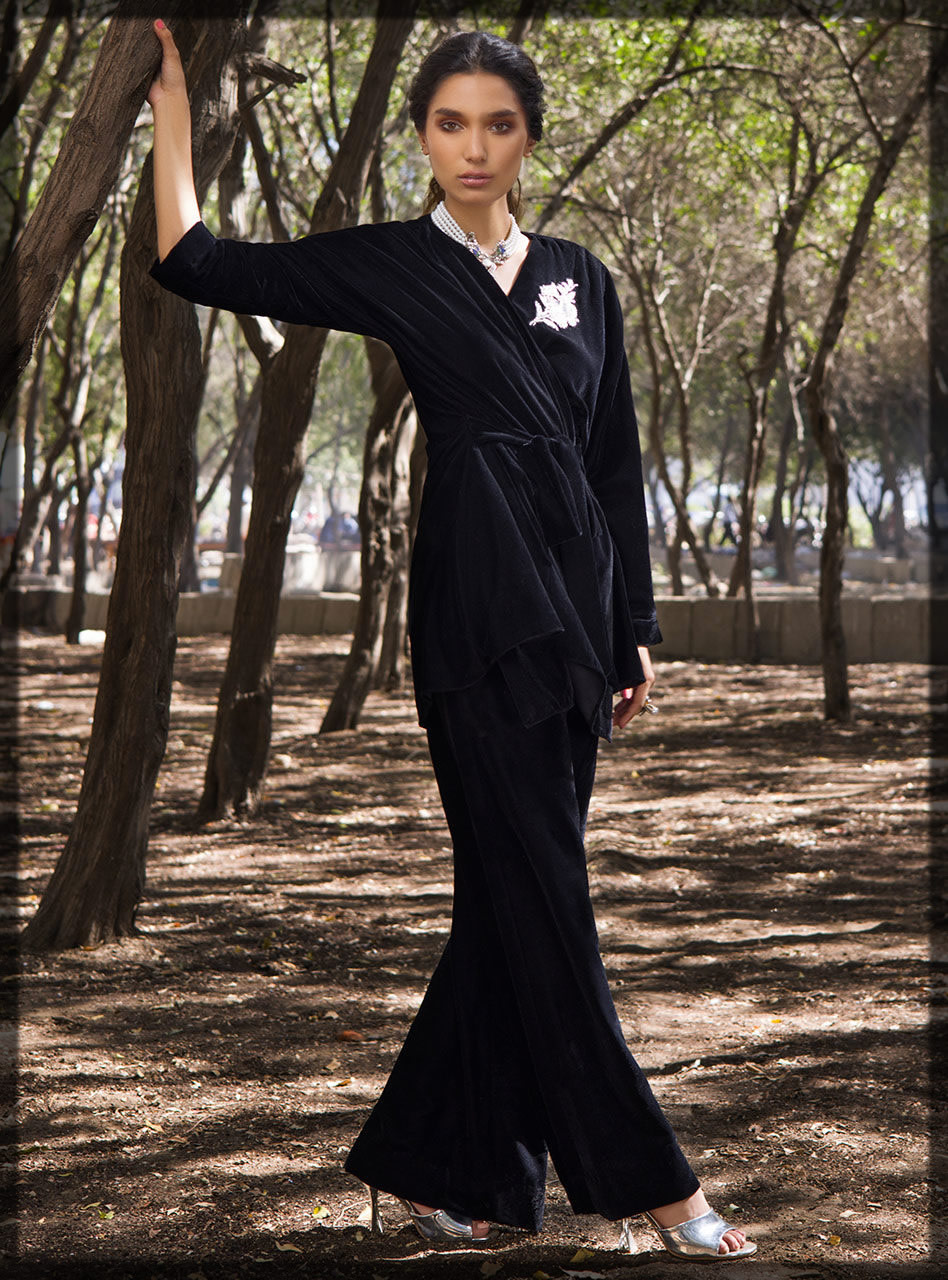 graceful black embroidered velvet dress