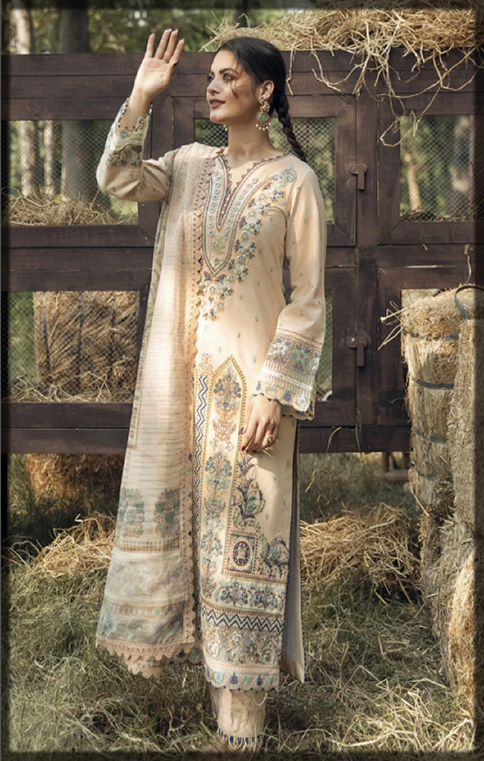 Qalamkar winter collection light beige embroidered winter dress