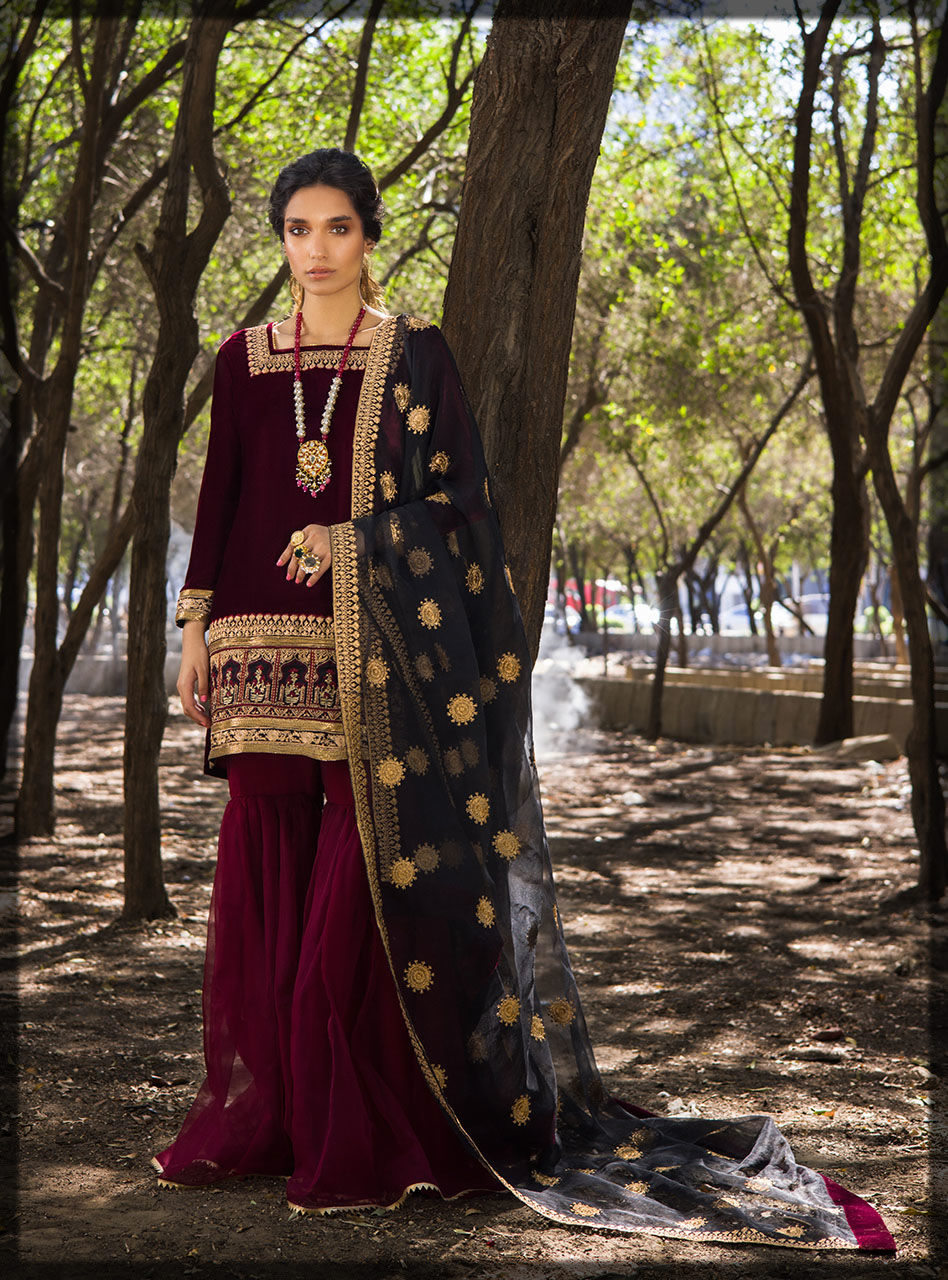 maroon embroidered velvet dress