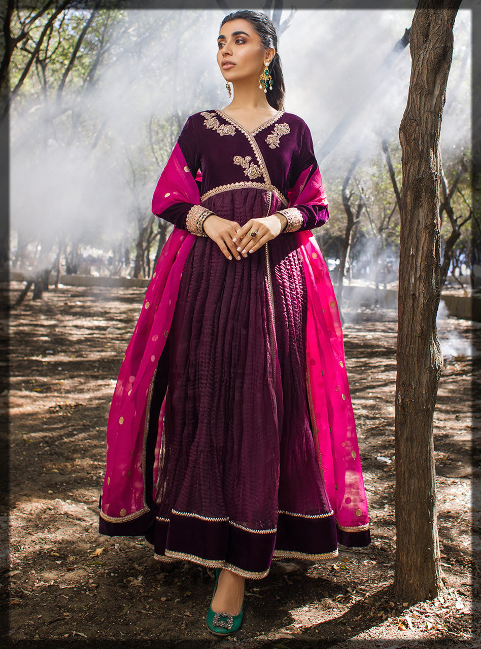plum embroidered velvet dress