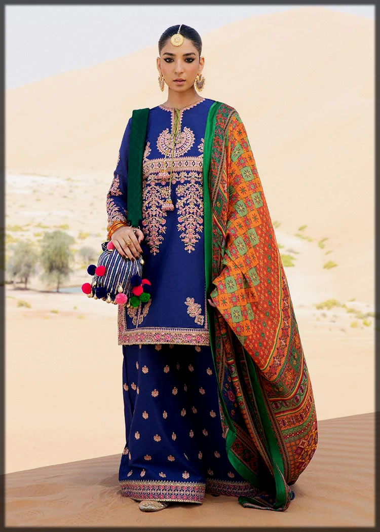 Royal Blue and Green Thread Embroidered Dress