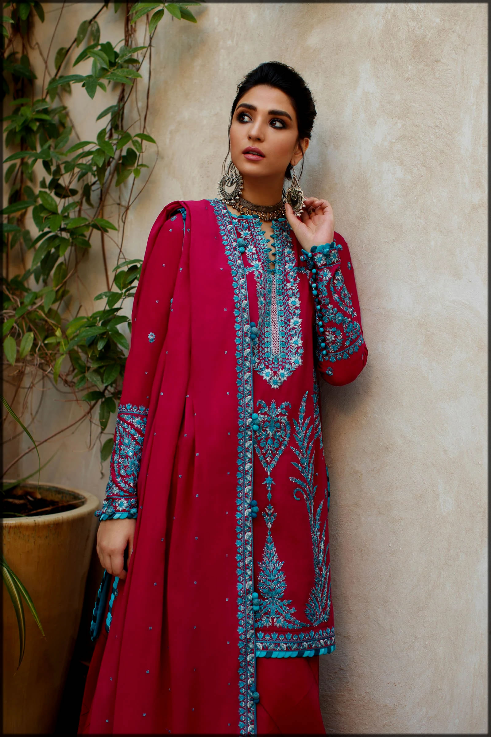 maroon and blue Zaha Luxury Lawn for women
