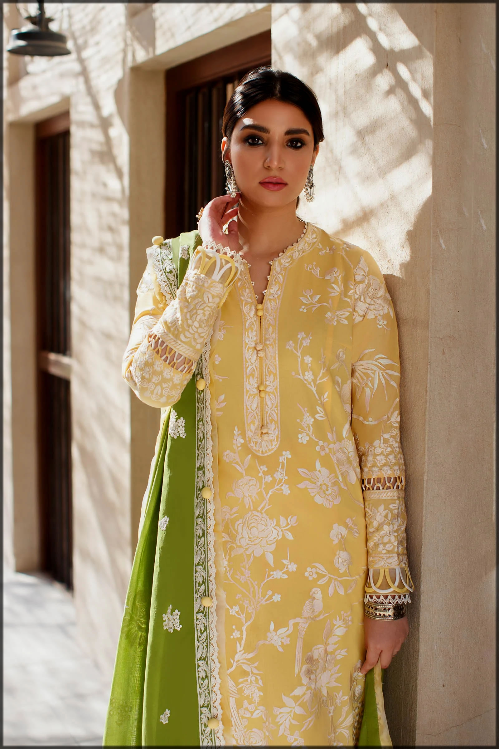 yellow and green summer lawn suit