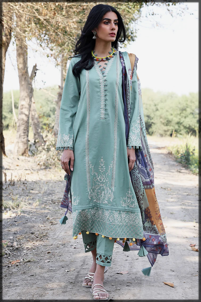 Classic Sage Embroidered Luxury Lawn Dress