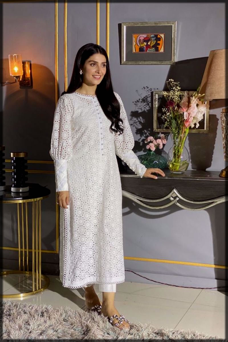 Cuff Sleeves White Ansab Jahangir Luxury Lawn Dress
