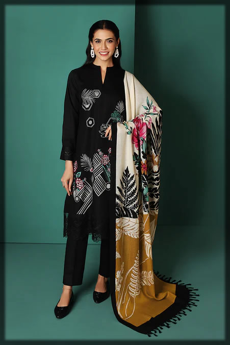 black shaded winter khaddar dress