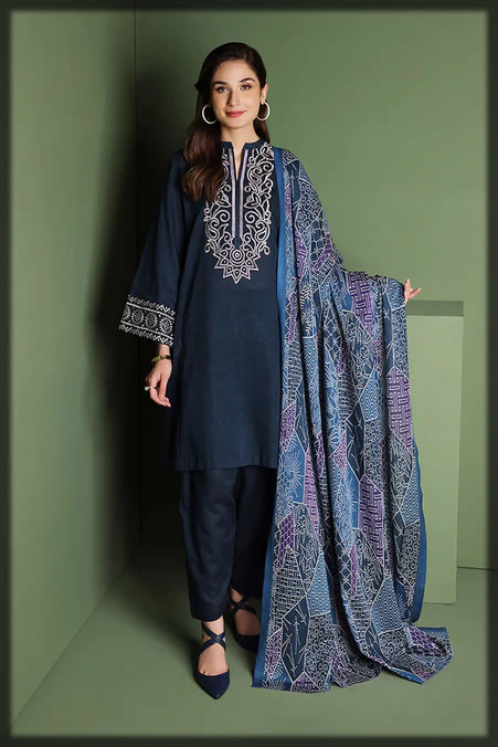 blue shaded winter khaddar dress