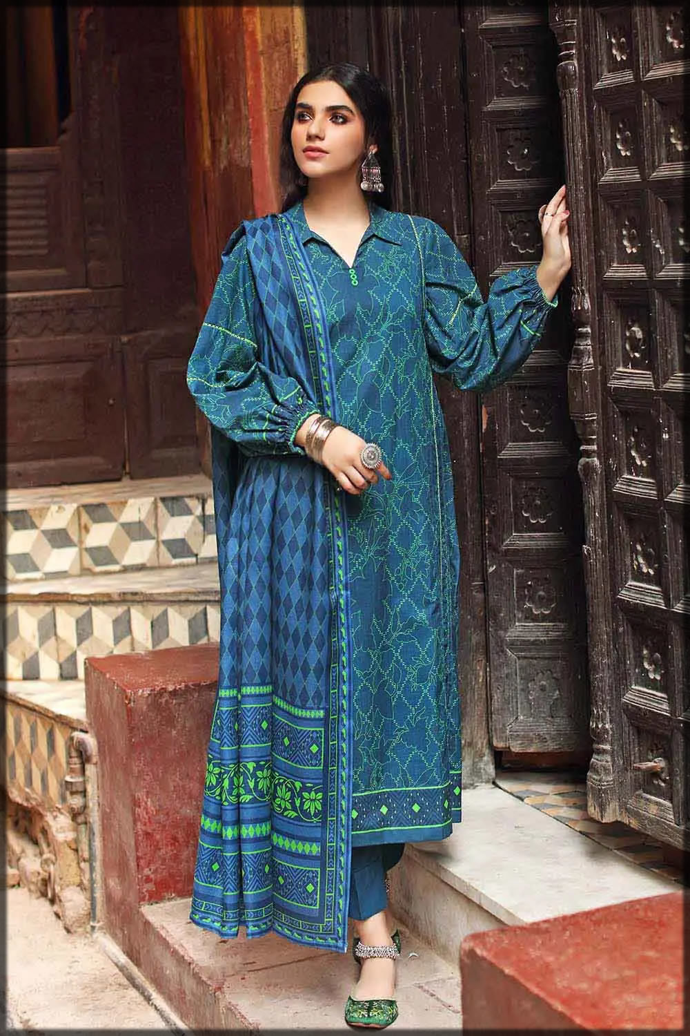 blue winter khaddar dress