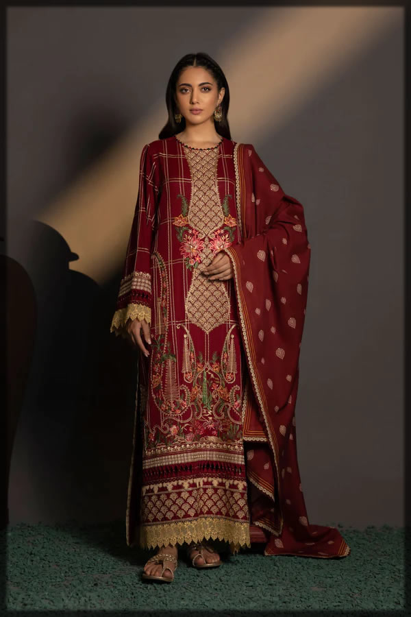 maroon embridered karandi suit by sapphire