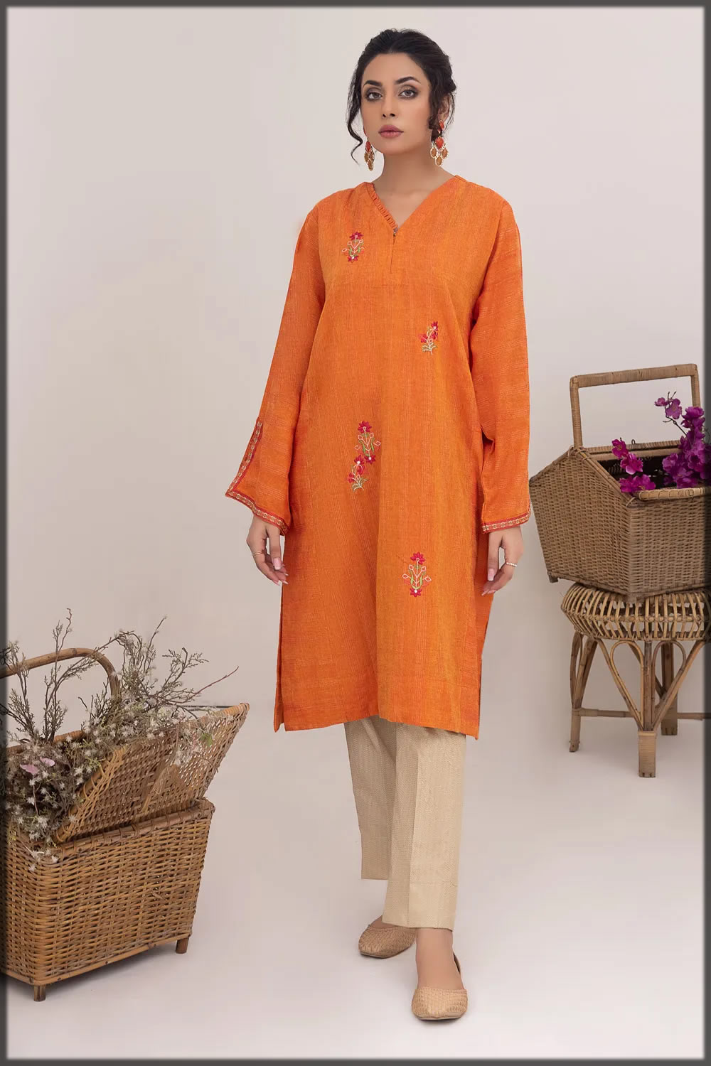 orange shaded winter embroidered kurta