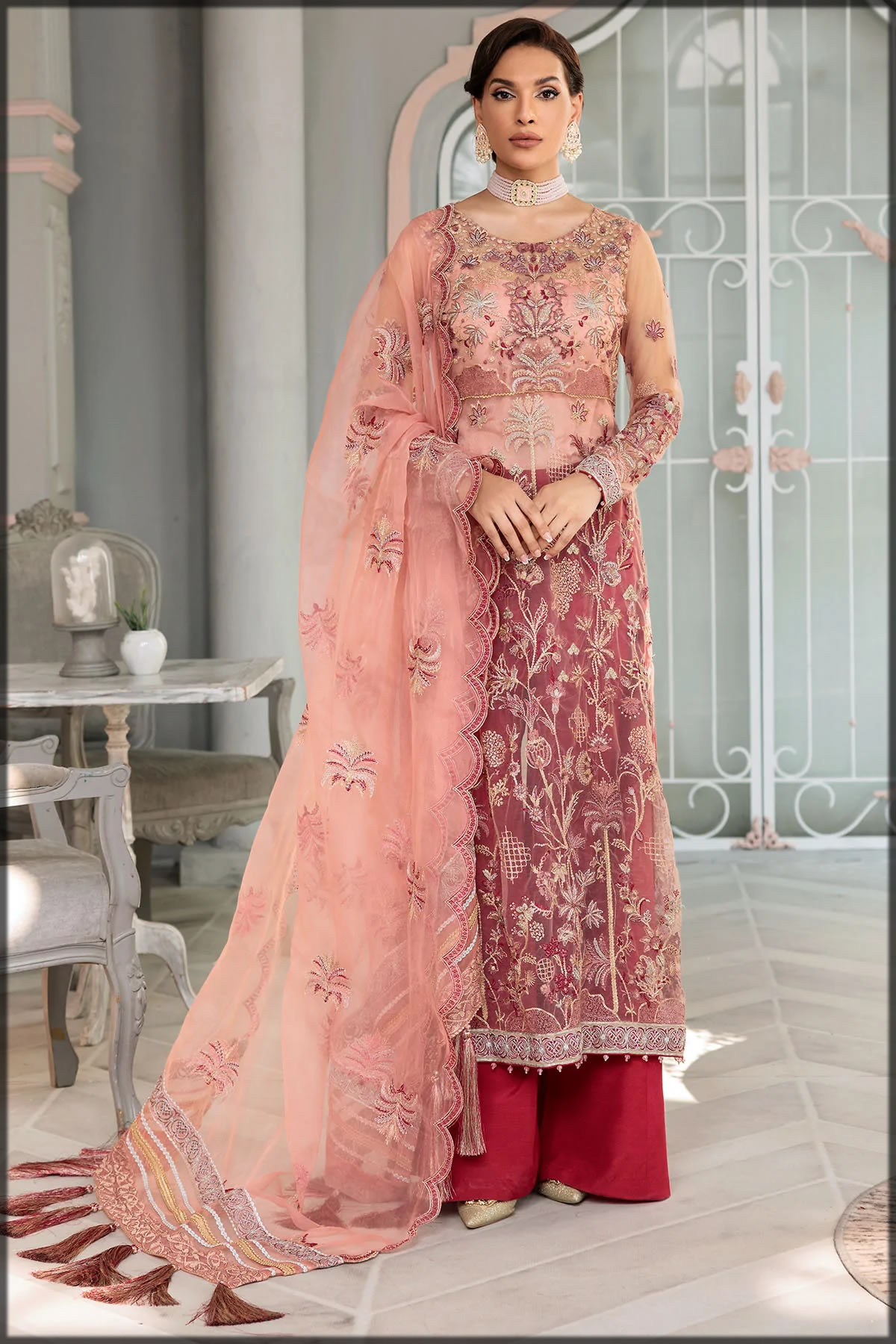 pink shaded winter festive suit