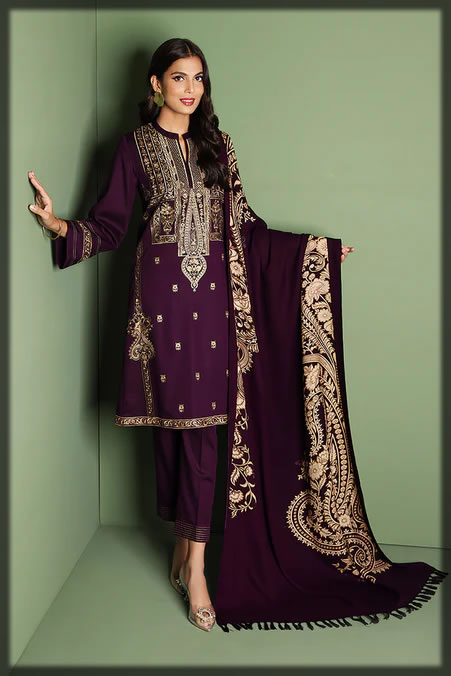 purple shaded winter khaddar dress