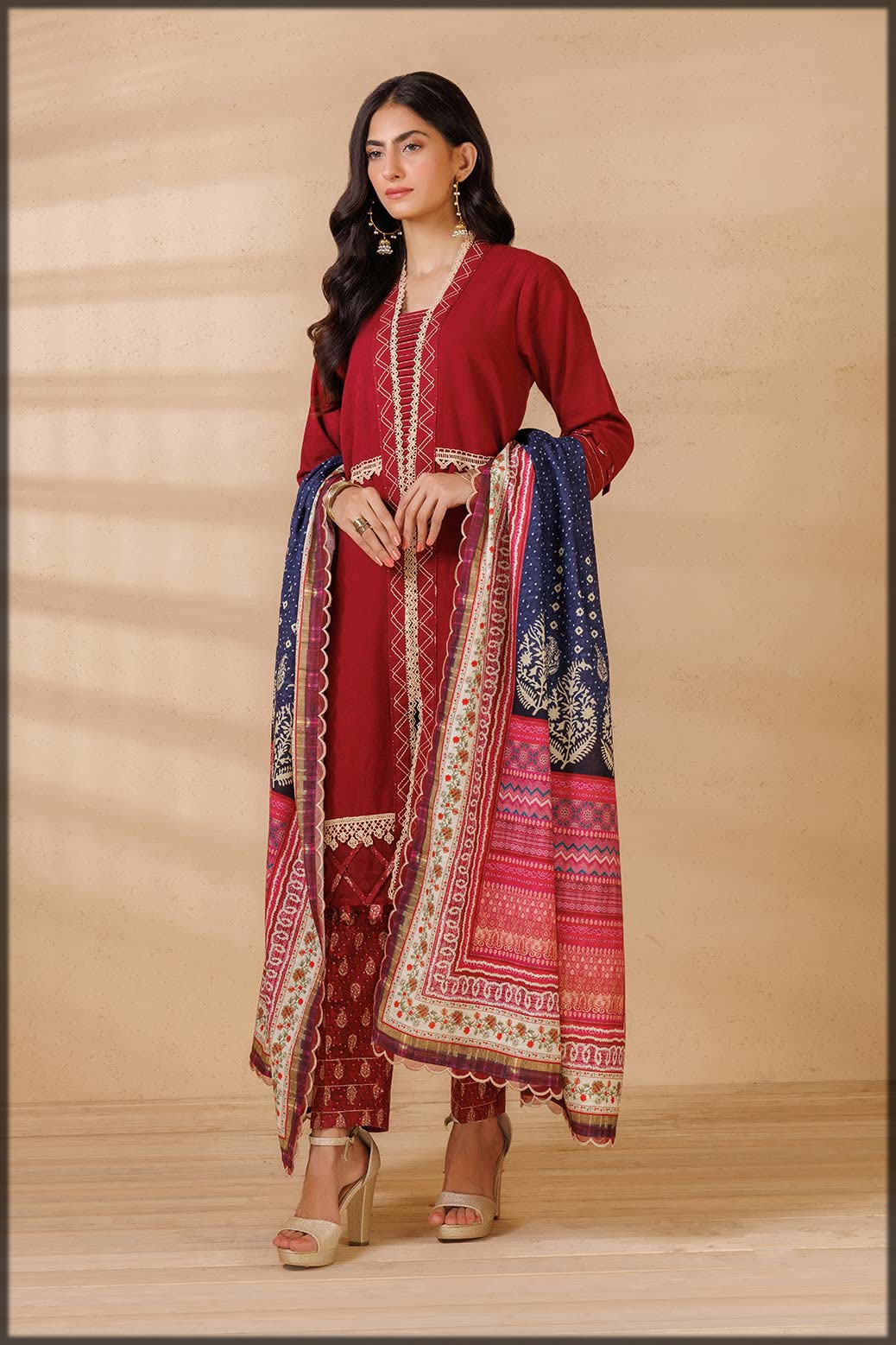 red and blue winter khaddar suit