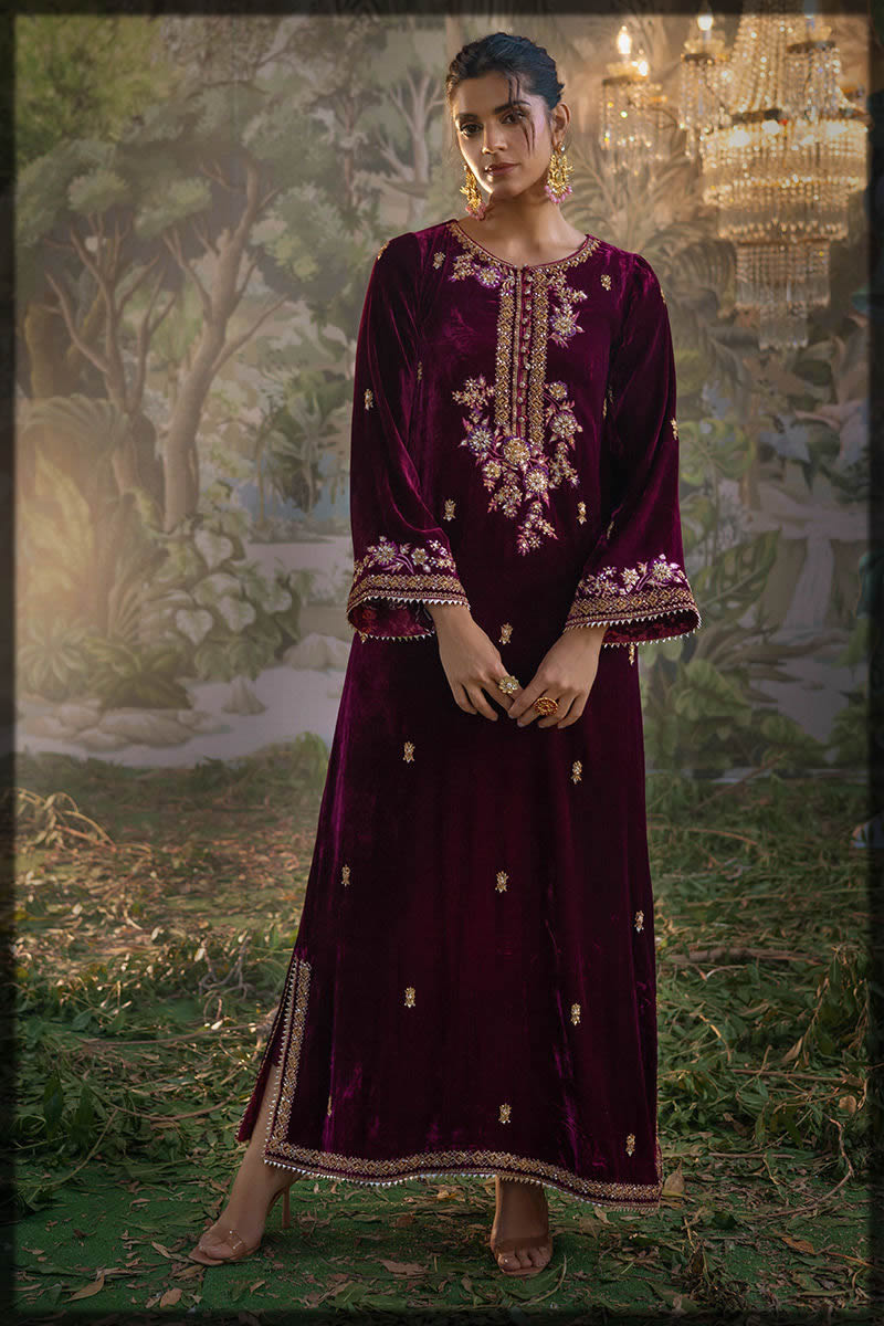 Ansab Jahangir maroon long dress