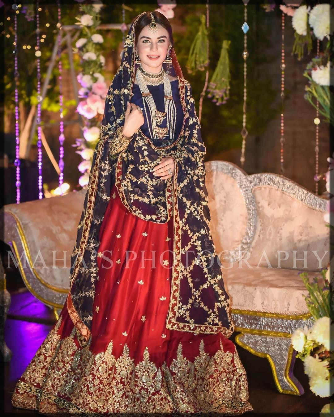 navy blue and red lehenga